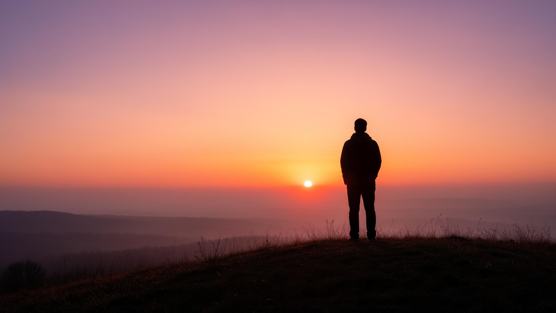 A person watching the sunset from a hilltop